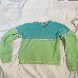 Vintage Basic Editions Aqua & Lime Green V-Neck Knit Sweater